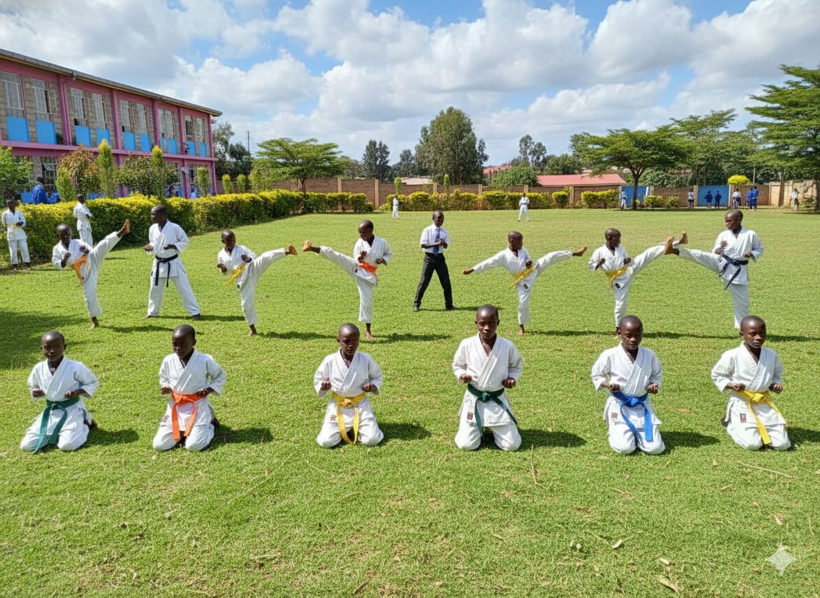Learners practicing formal martial arts self-defense techniques